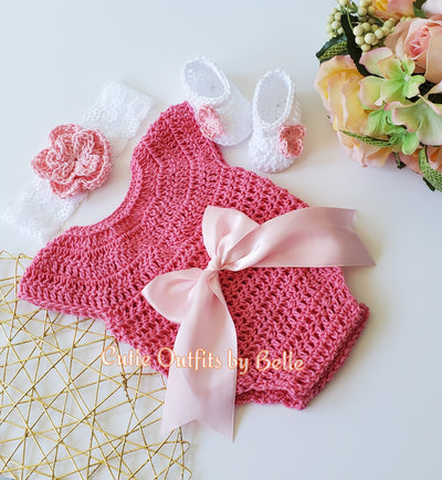 Pink Crochet Baby Romper, Cotton Baby Outfit, Crochet Baby Gift