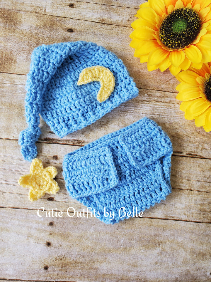 Moon and Star Crochet Baby Outfit, Baby Girl Hat Booties, Diaper Cover, Crochet Baby Boy Photo Prop