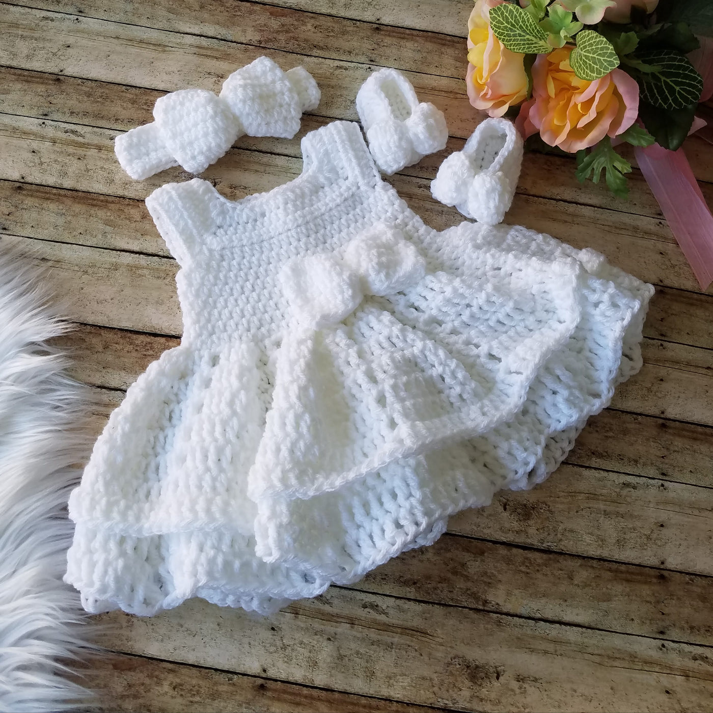 White crochet baby dress