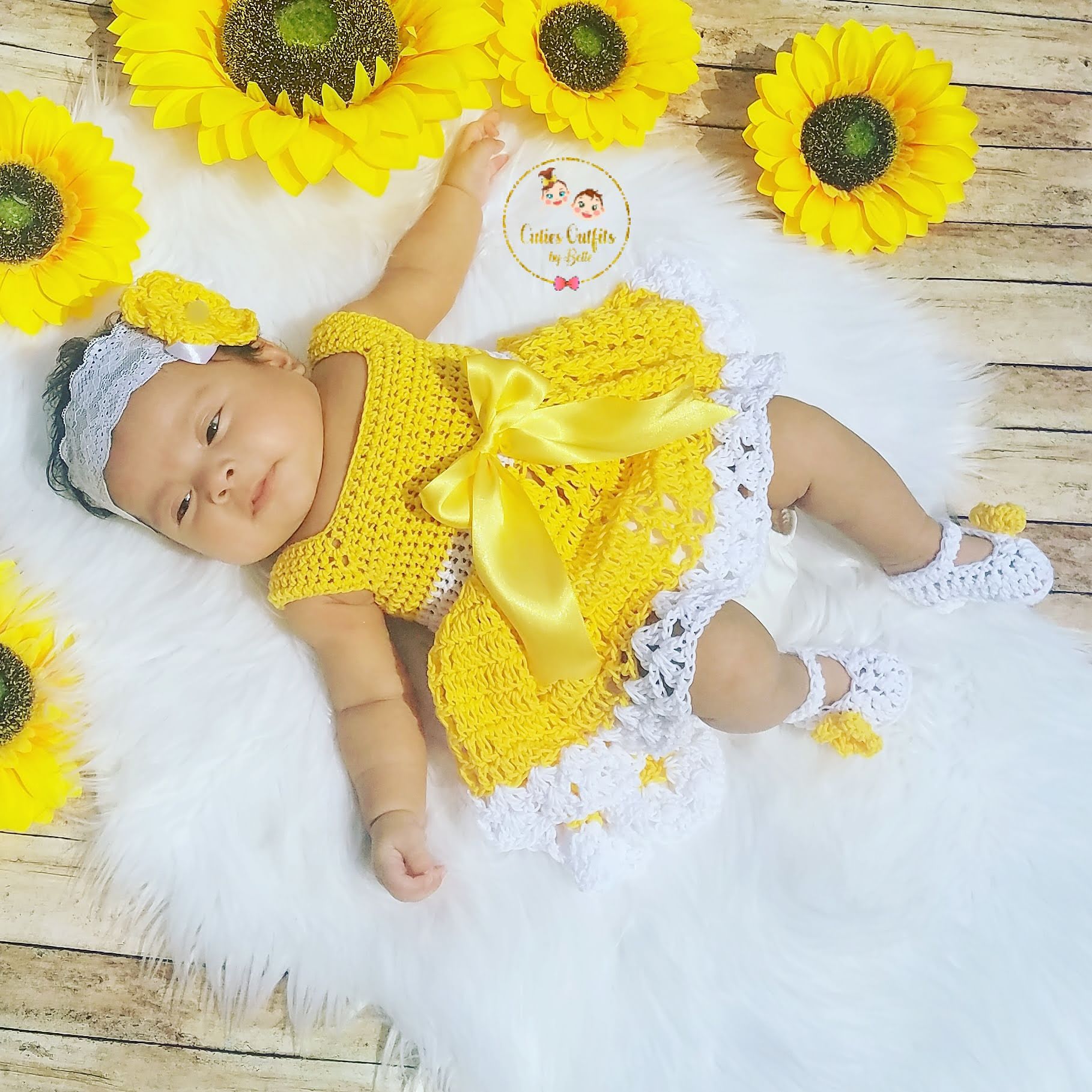 Cutie Outfits by Belle Sunflower Crochet Baby Dress Cotton Crochet Baby Outfit Yellow Baby Dress Coming Home Outfit Only Dress Headband 2pc 6 9 Months