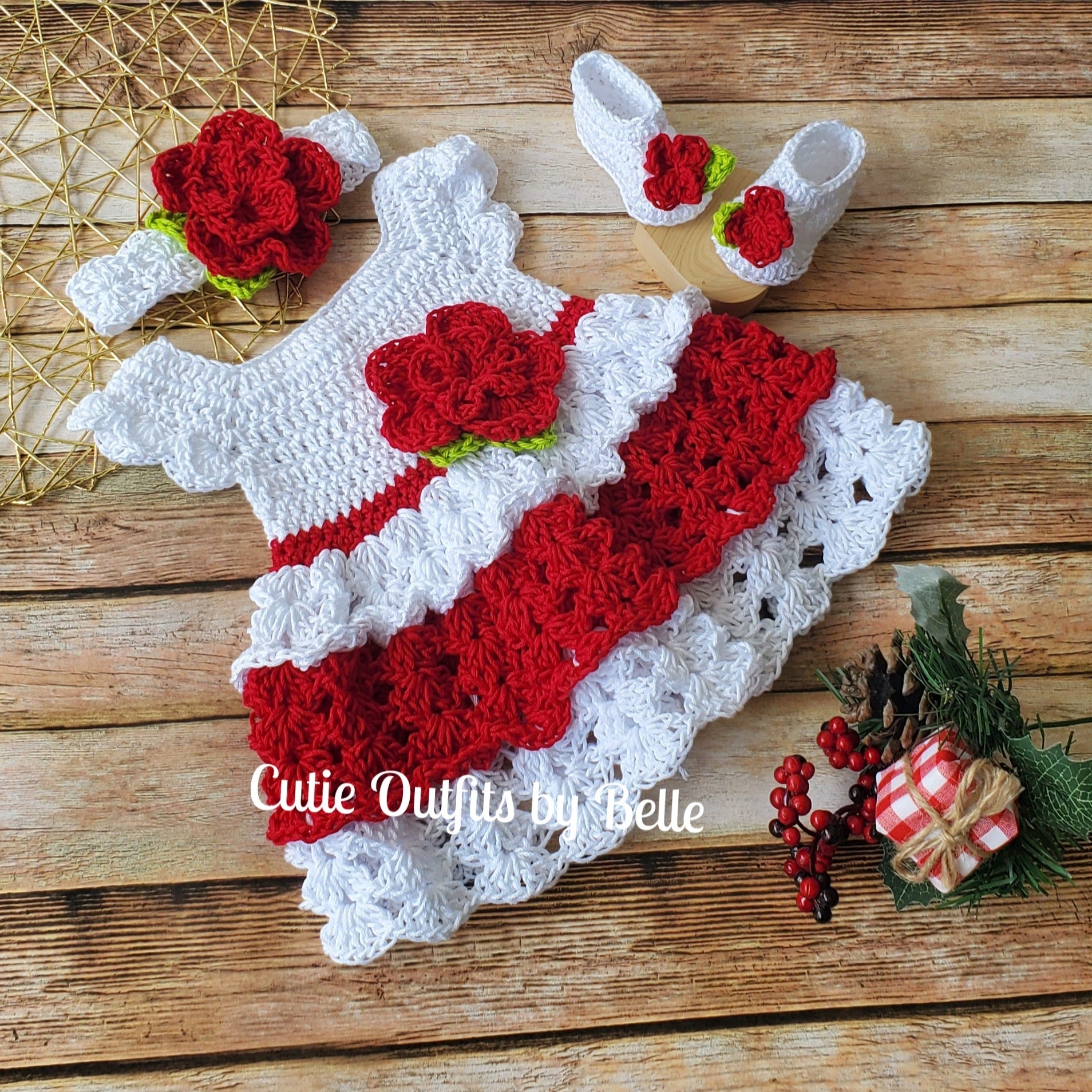 Christmas Crochet Baby Dress, Cotton Crochet Baby Outfit, Red Baby Dress, Coming Home Outfit,Baby Shower Gift, Vestido Bebe