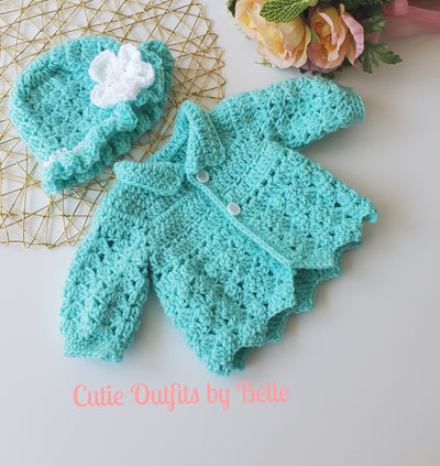 Aqua Crochet Baby Sweater and Hat, Newborn Baby Hat