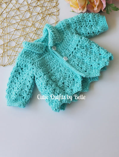 Aqua Crochet Baby Sweater and Hat, Newborn Baby Hat