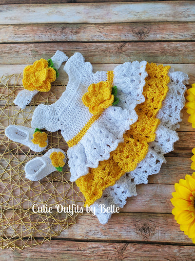 Yellow Crochet Baby Dress, Cotton Crochet Baby Outfit, Yellow Baby Dress, Coming Home Outfit