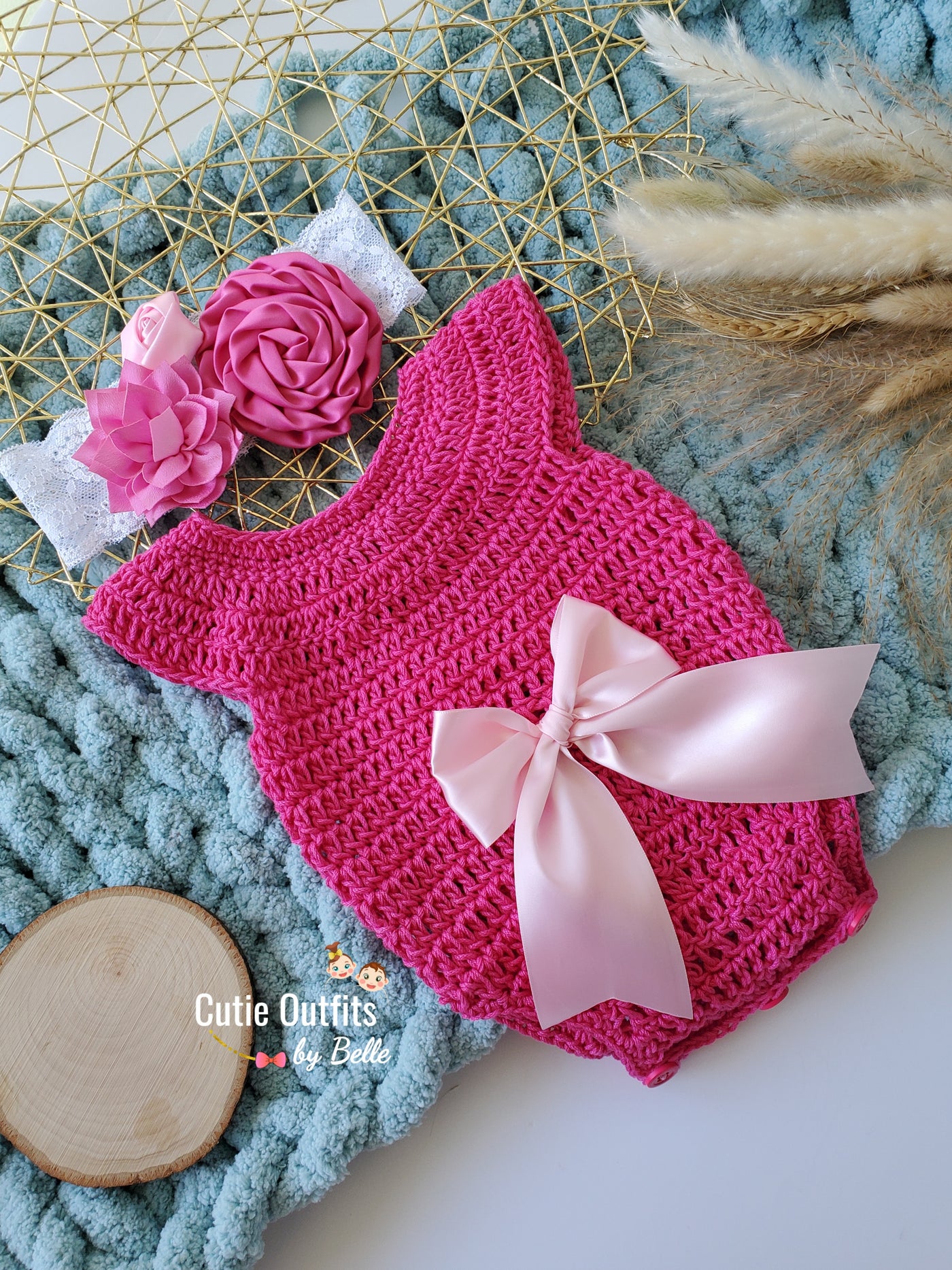 Hot Pink Crochet Baby Romper, Cotton Baby Outfit, Crochet Baby Gift
