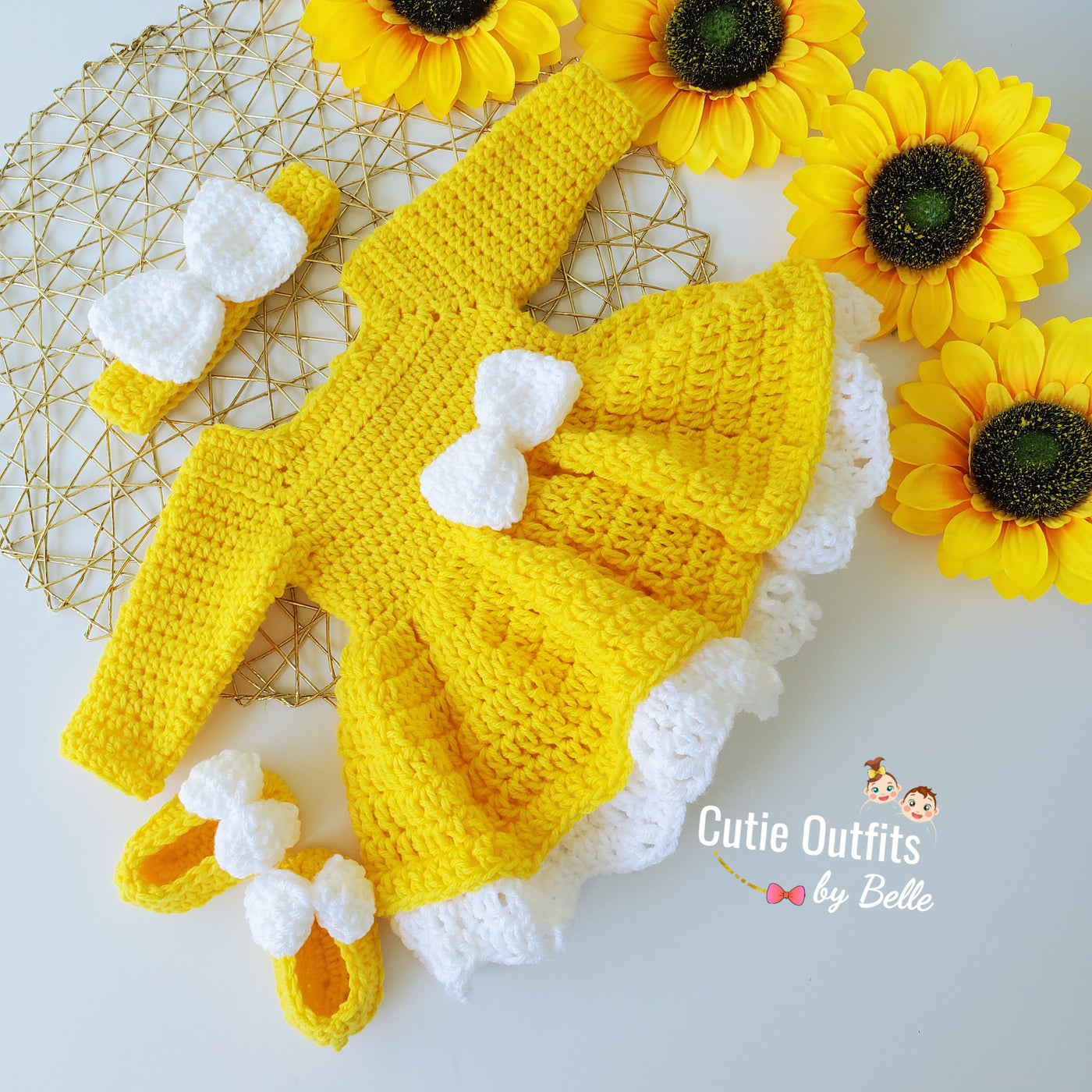 Yellow Baby Girl Crochet Dress, Crochet Baby Outfit Long Sleeves