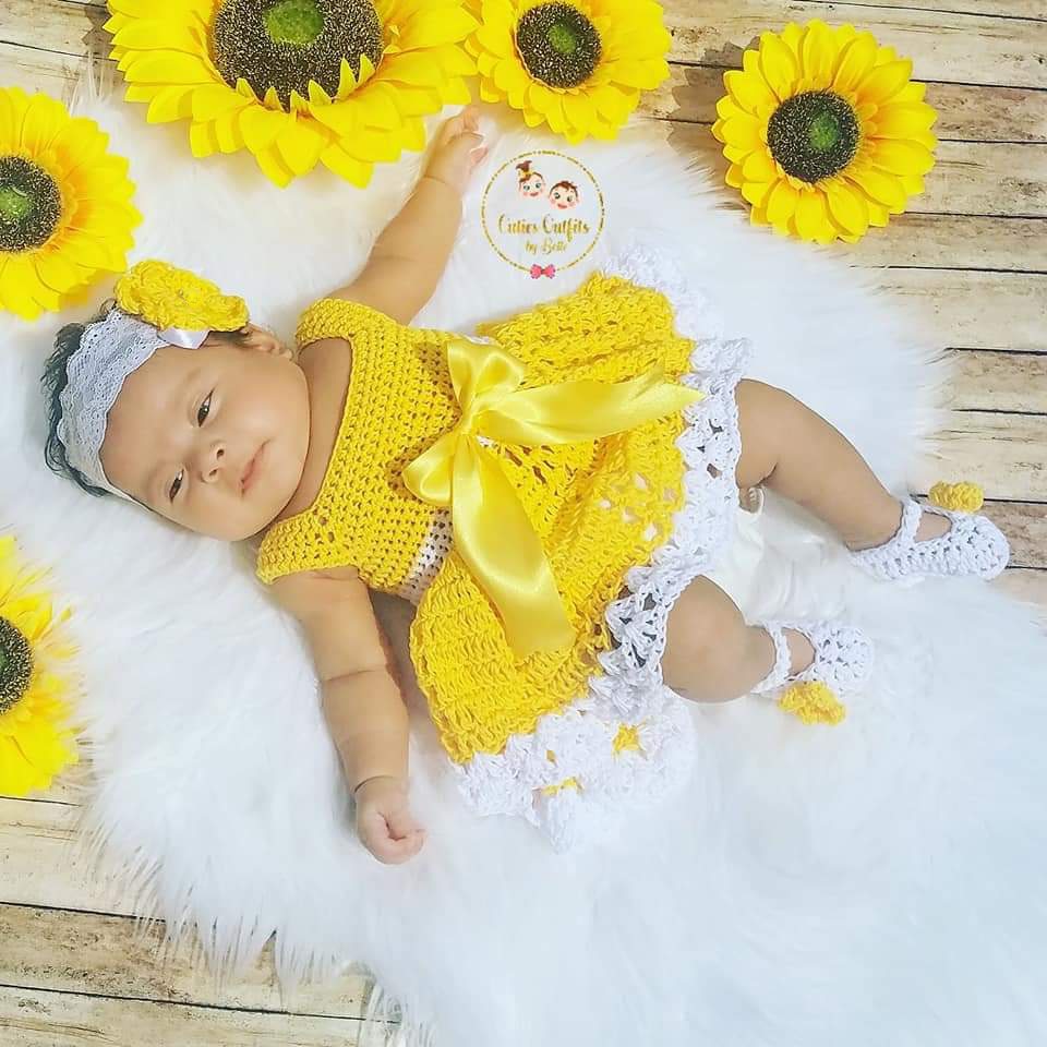 SALE! Crochet retailer Baby Dress, Cotton Crochet Baby Outfit, Yellow Baby Dress, Coming Home Outfit,Baby Shower Gift, Baby Headband, Vestido Bebe