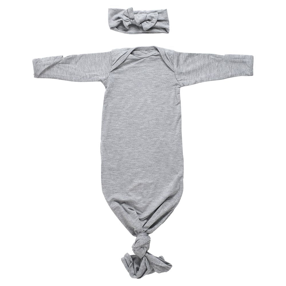 Gray Baby Knotted Gown, Long Sleeve Go Home Outfit, Newborn Gown & Hat