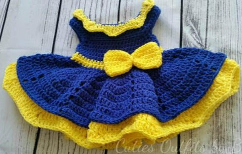Crochet Baby Dress, Blue and Yellow Crochet Dress, Baby Girl Photo Props