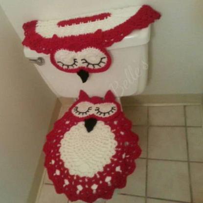 Handmade Crochet Bathroom Set, Tank Cover, Lid Cover, Owl Shaped