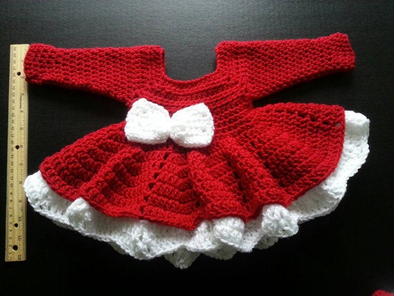 Red and White Baby Girl Crochet Dress with Headband , Christmas Crochet Baby Dress