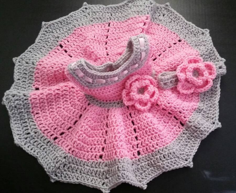 pink and gray crochet baby dress