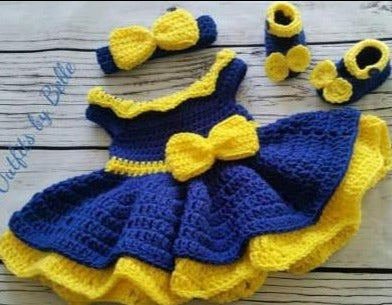 blue and yellow crochet baby dress