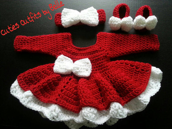 Red and White Baby Girl Crochet Dress with Headband , Christmas Crochet Baby Dress