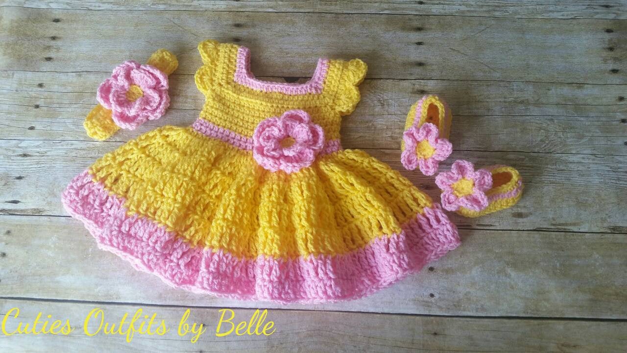 Crochet Baby Dress, Yellow Pink Baby Outfit, Handmade Baby Headband, Newborn Baby Outfit, Baby Shower Gift, Infant Girl Dress, Baby Gift New