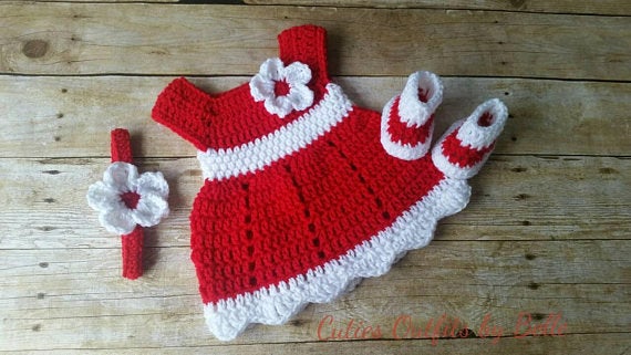 Crochet Baby Dress, Red Baby Dress, Handmade Baby Headband, Newborn Baby Outfit