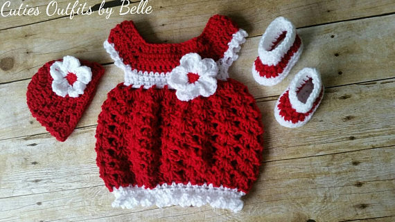 Crochet Baby Dress Red Baby Dress Handmade Baby Headband Newborn Baby Outfit