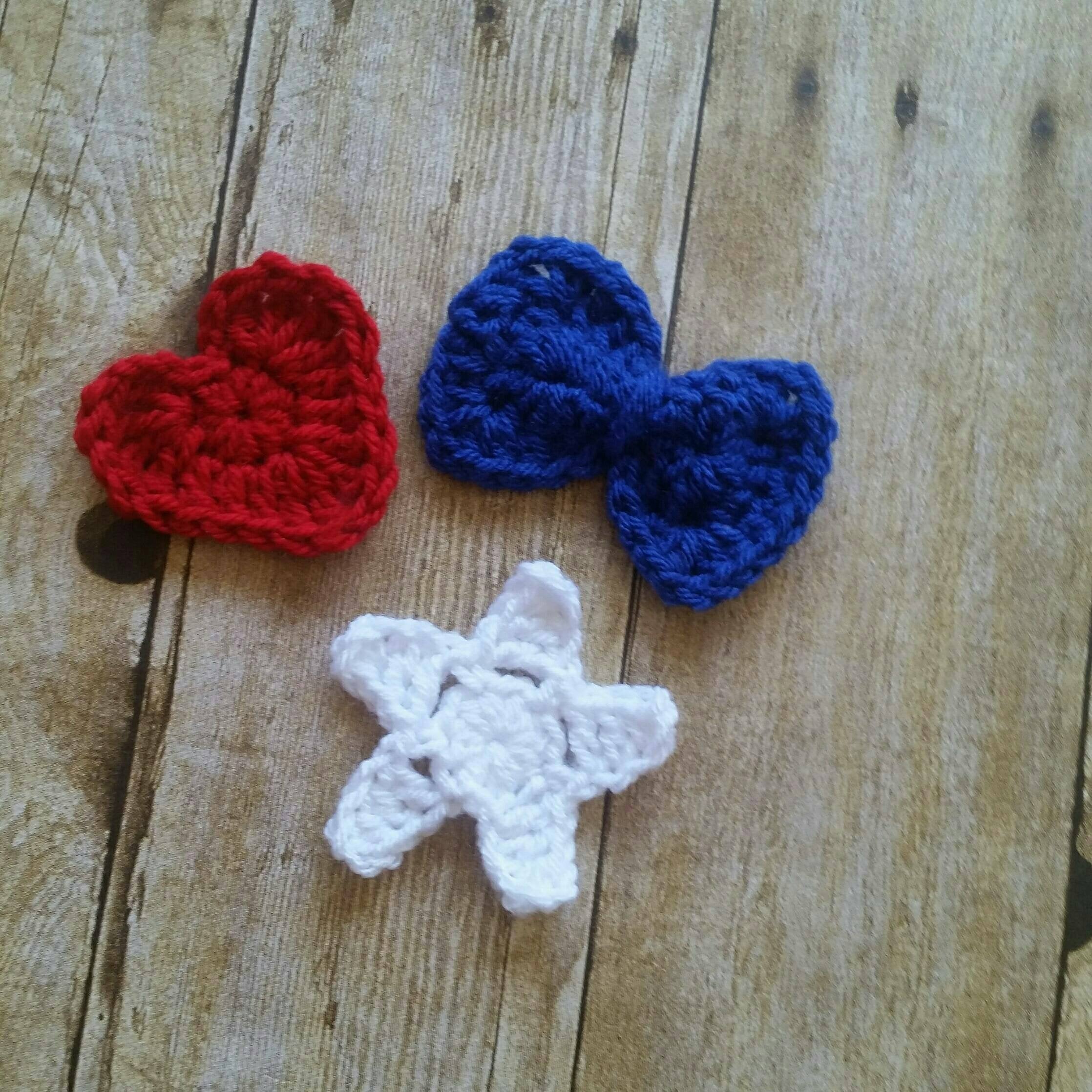 Crochet Applique, Instant PDF Download, Crochet Star Pattern, Crochet Bow Pattern, Crochet Heart Pattern, 4th of July Crochet Pattern Digita