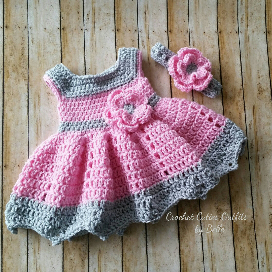 Pink and Gray Crochet Baby Dress, Newborn Baby Dress, Baby Gift, Infant Dress, Coming Home Outfit Vestido de Bebe