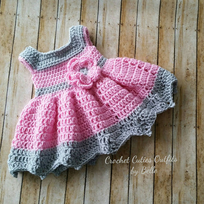 Pink and Gray Crochet Baby Dress, Newborn Baby Dress, Baby Gift, Infant Dress, Coming Home Outfit Vestido de Bebe
