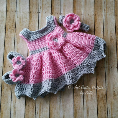 crochet baby dress pink and gray
