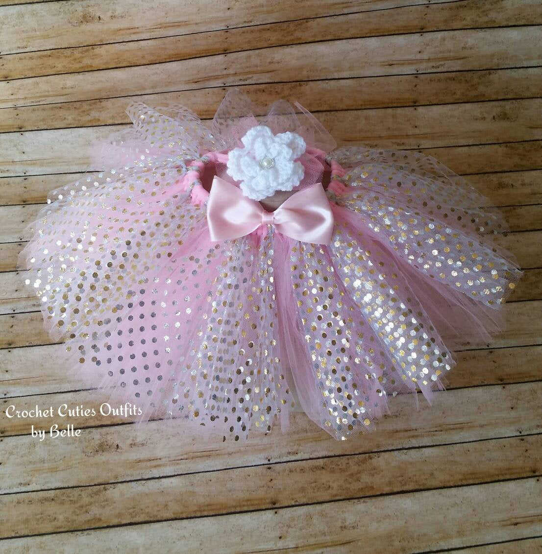 Pink and Gold Baby Tutu Outfit, Newborn Baby Outfit, Crochet Baby Outfit, Girls Tutu Set
