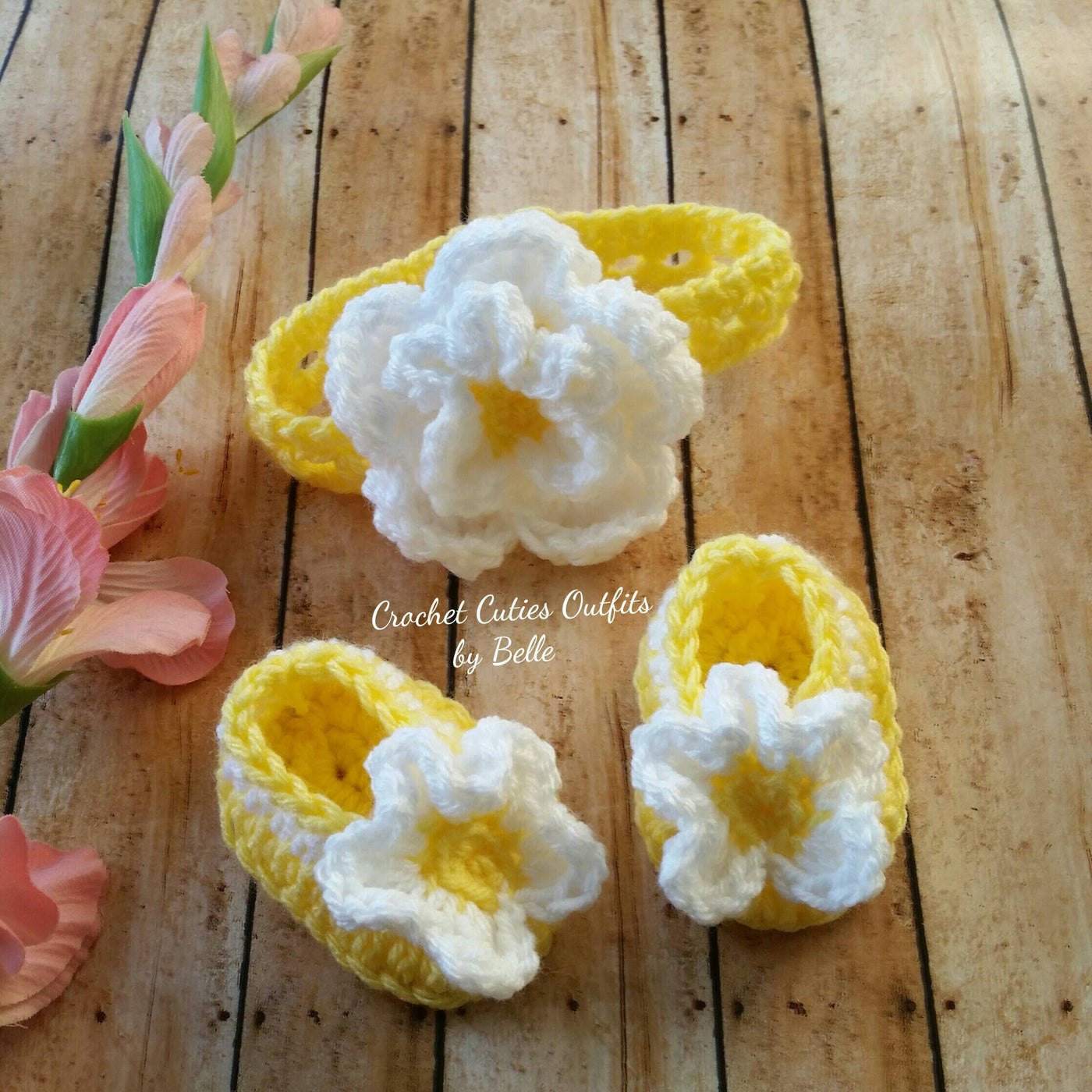 Yellow and White Baby Girl Crochet Dress with Headband & Shoes