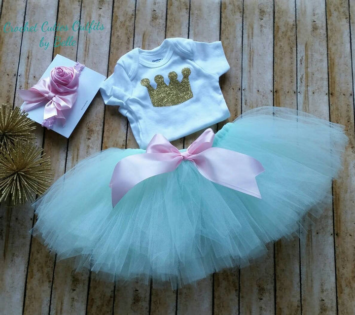 Mint Tutu Baby Birthday Outfit, Newborn Baby Outfit, Crochet Baby Outfit