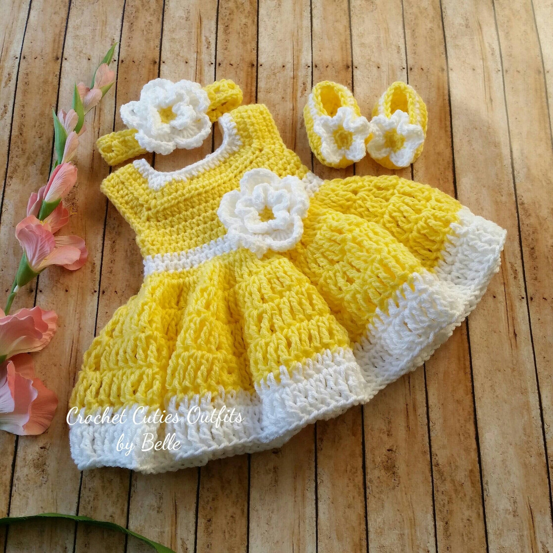 Yellow and White Baby Girl Crochet Dress with Headband & Shoes – Cutie Outfits by Belle