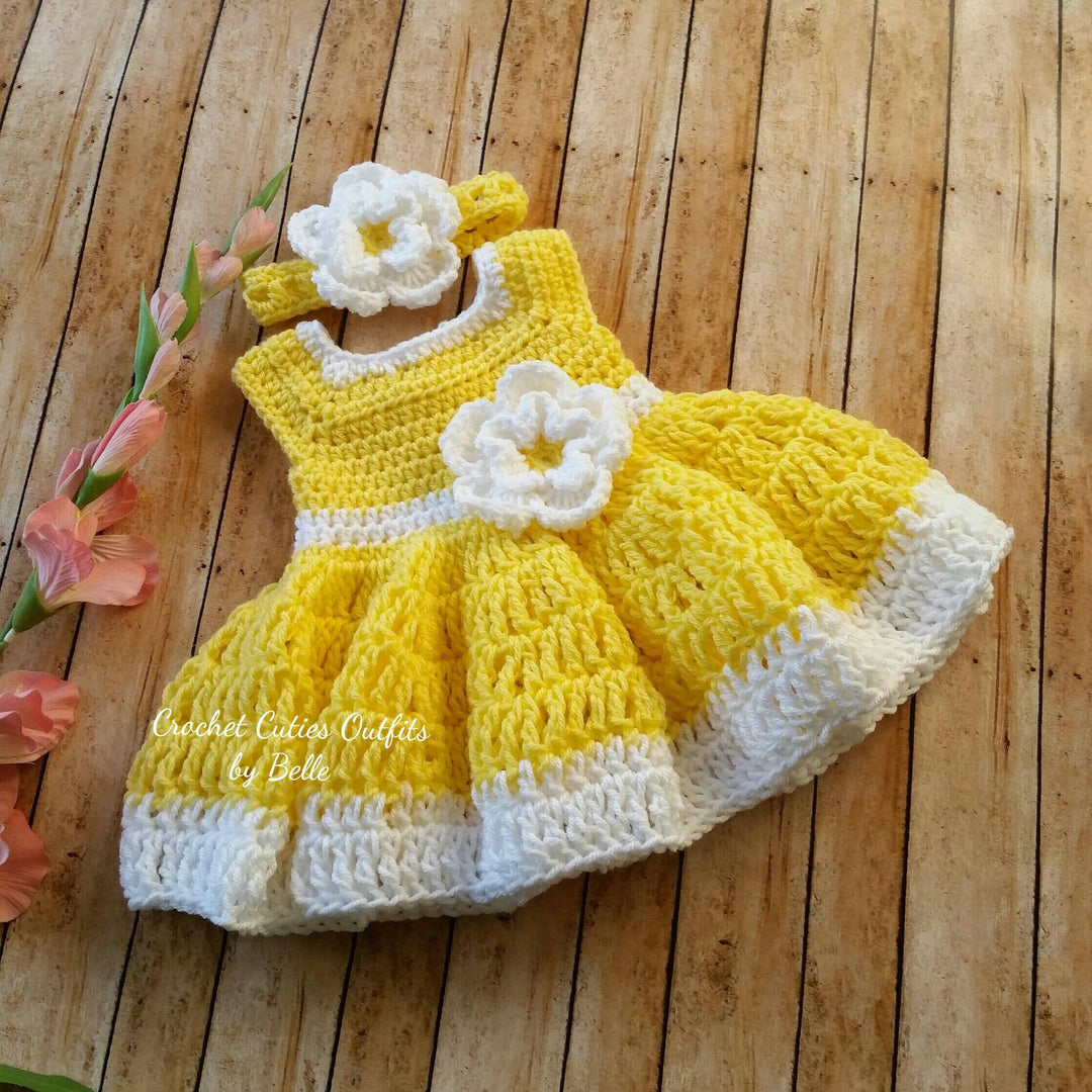 Yellow and White Baby Girl Crochet Dress with Headband & Shoes