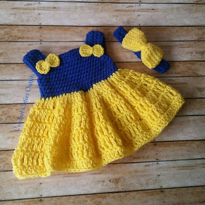 Yellow and Blue Crochet Baby Dress, 0-3 Months Baby Dress Photo Prop, Baby Gift