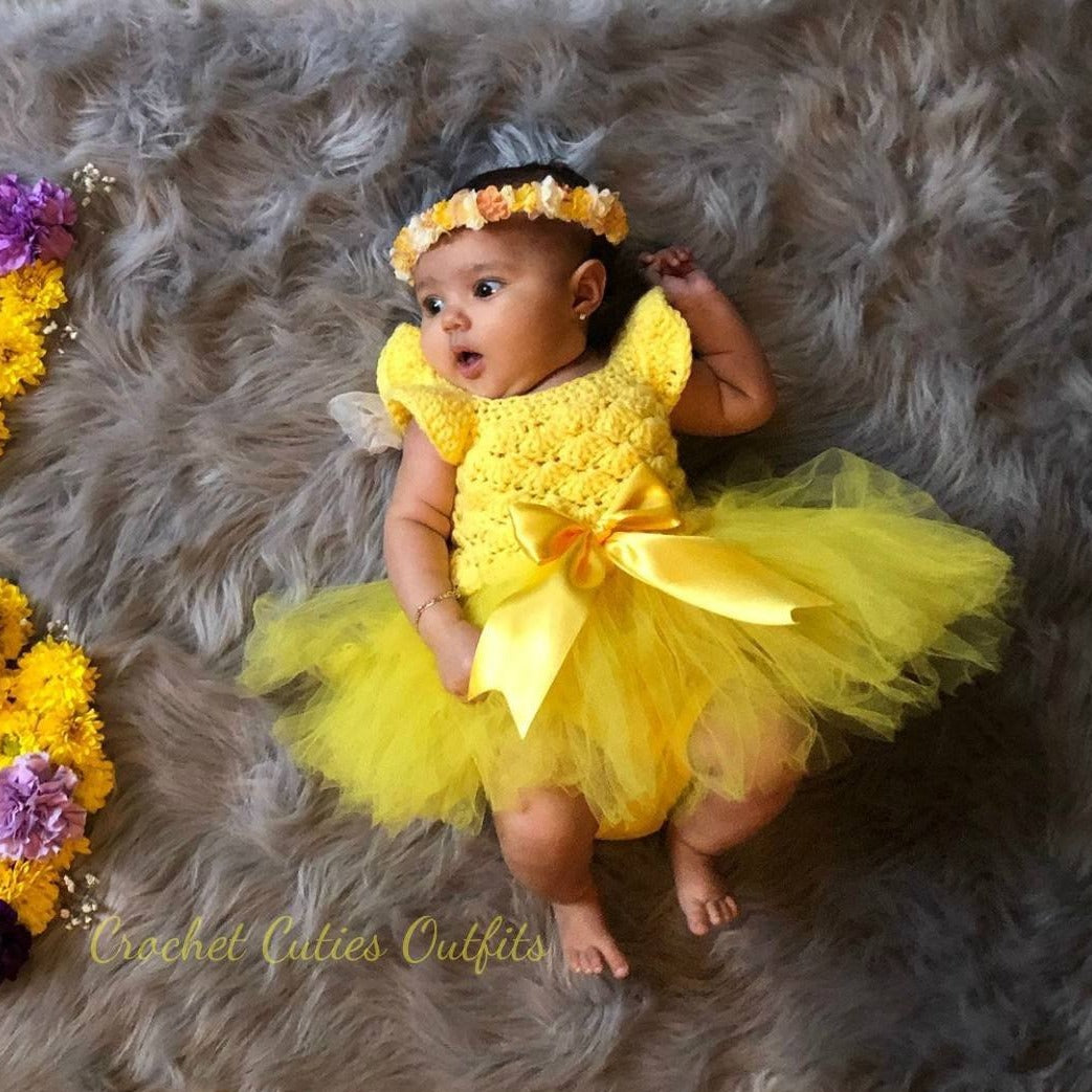 Yellow Baby Dress, Crochet Baby Dress, Newborn Tutu Outfit