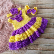 Purple and Yellow Baby Girl Set, Dress, Headband and Shoes. Baby Gift
