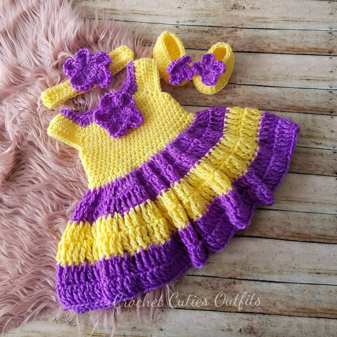 Purple and Yellow Baby Girl Set, Dress, Headband and Shoes. Baby Gift