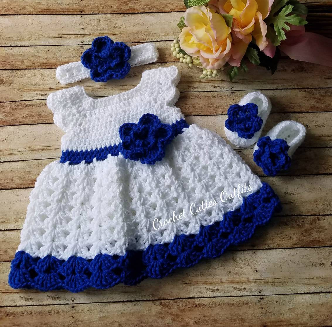 Blue Crochet Baby Dress, Newborn Baby Girl Dress,  Baby Gift, Coming Home Outfit