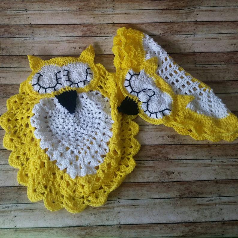 Handmade Crochet Bathroom Set, Tank Cover, Lid Cover, Owl Shaped