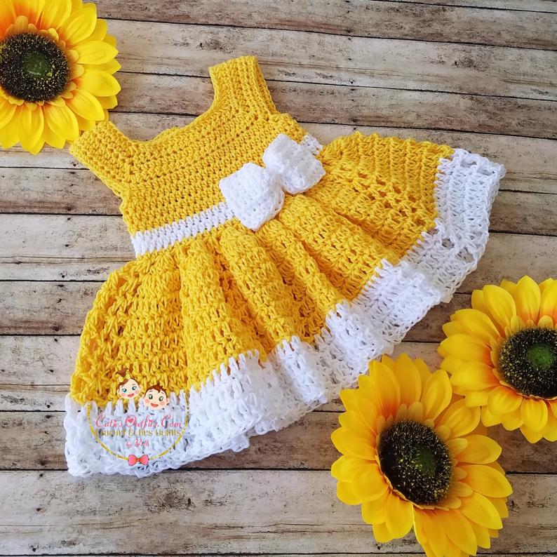 Yellow crochet baby dress pattern 0-3 months